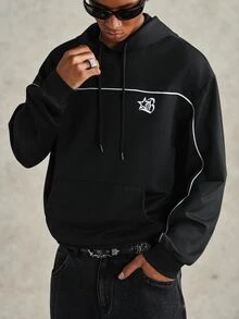 PAVTROS Men's Black Hoodie Sweatshirt With Printed Design, Regular Length, Long Sleeve Avant-Garde Design - Black - View 3