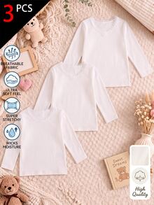 SHEIN 3件組女童白色長袖V領蕾絲飾邊軟綿保暖內搭上衣，適合日常穿著 - 白色 - 查看 3