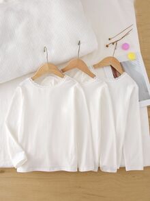 SHEIN 3件組女童白色長袖V領蕾絲飾邊軟綿保暖內搭上衣，適合日常穿著 - 白色 - 查看 2