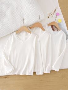 SHEIN 3件組女童白色長袖V領蕾絲飾邊軟綿保暖內搭上衣，適合日常穿著 - 白色 - 查看 1