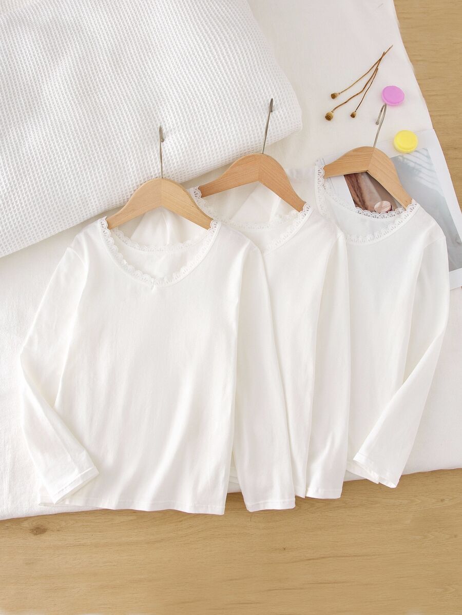 SHEIN 3件組女童白色長袖V領蕾絲飾邊軟綿保暖內搭上衣,適合日常穿著 - 白色 - 查看 1