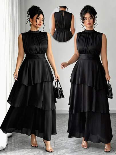 Elenzga Plus Size Women's Black Autumn Elegant Formal Evening Wedding Guest Chiffon Pleated Waist Tiered Hem Long Sleeve Maxi Dress,Italian Style Ruffle