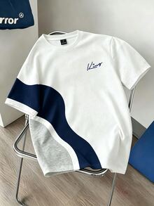Manfinity Joysei Men's Colorblock Patchwork Print Short Sleeve T-Shirt, Minimalist Asymmetrical Colorblock Patchwork Design, Show Off Your Cool Style, Wear Your Personalized This Summer - White - View 1