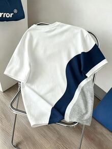 Manfinity Joysei Men's Colorblock Patchwork Print Short Sleeve T-Shirt, Minimalist Asymmetrical Colorblock Patchwork Design, Show Off Your Cool Style, Wear Your Personalized This Summer - White - View 2