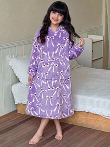 SHEIN 青少年女孩冬季紫色兒童蝴蝶與愛心圖案袋鼠口袋睡袍家居服秋季 - 紫色 - 查看 7