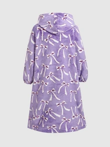 SHEIN 青少年女孩冬季紫色兒童蝴蝶與愛心圖案袋鼠口袋睡袍家居服秋季 - 紫色 - 查看 2