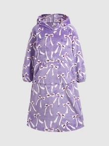 SHEIN 青少年女孩冬季紫色兒童蝴蝶與愛心圖案袋鼠口袋睡袍家居服秋季 - 紫色 - 查看 5