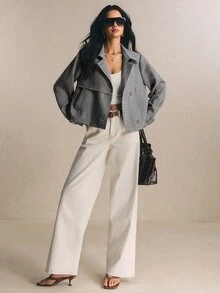 Poéselle 法式格紋優雅百搭短款風衣 - 灰色 - 查看 4