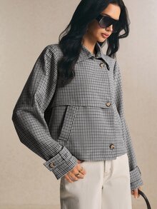Poéselle 法式格紋優雅百搭短款風衣 - 灰色 - 查看 5