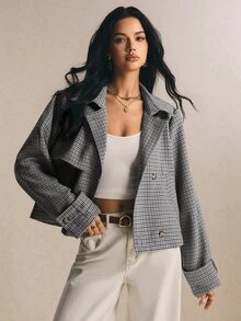 Poéselle 法式格紋優雅百搭短款風衣 - 灰色 - 查看 10