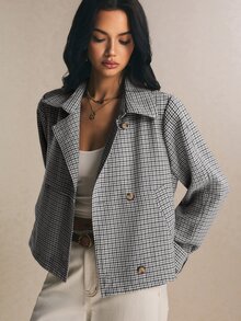 Poéselle 法式格紋優雅百搭短款風衣 - 灰色 - 查看 7