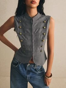 Poéselle Women's Striped Casual Versatile Daily Jacket - Grey - View 3