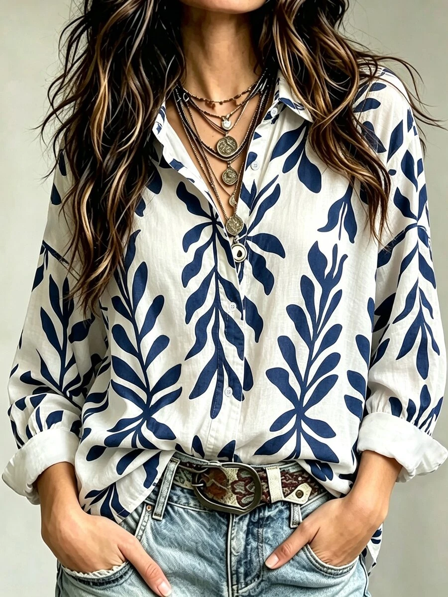 Trelyra Women's Printed Vacation Fashion Single-Breasted Long Sleeve Shirt - Multicolor - View 1
