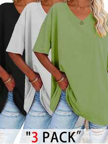 EMERY ROSE Plus Size Solid Half Sleeve T-Shirt, Casual V Neck T-Shirt For Summer, Women's Plus Size Clothing Graphic Tees Women Tops - Multicolor - View 1