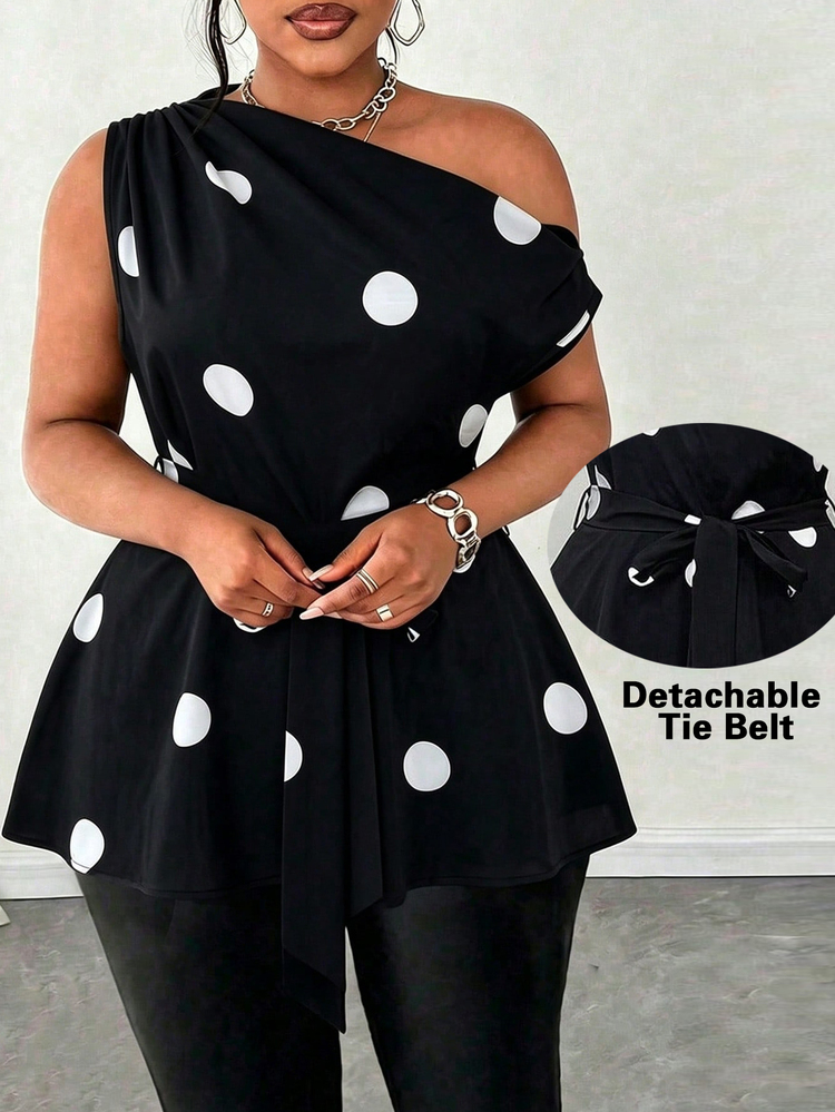 Maweii Plus Size Women's Sleeveless Asymmetric Hem Tie Front Sexy Blouse, Asymmetric Pattern, Casual Holiday, Black - Black and White - View 1