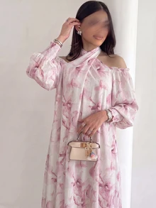 Yasmyna 粉色水彩花卉掛脖露肩洋裝，燈籠袖鬆緊收口寬鬆端莊長袍，適合初秋中東婚禮與日常場合 - 彩色 - 查看 6