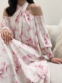 Yasmyna 粉色水彩花卉掛脖露肩洋裝，燈籠袖鬆緊收口寬鬆端莊長袍，適合初秋中東婚禮與日常場合 - 彩色 - 查看 7