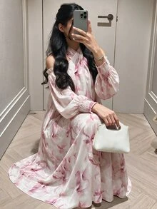Yasmyna 粉色水彩花卉掛脖露肩洋裝，燈籠袖鬆緊收口寬鬆端莊長袍，適合初秋中東婚禮與日常場合 - 彩色 - 查看 4