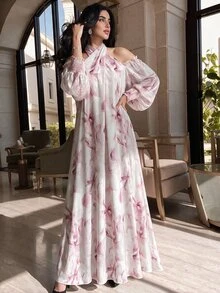 Yasmyna 粉色水彩花卉掛脖露肩洋裝，燈籠袖鬆緊收口寬鬆端莊長袍，適合初秋中東婚禮與日常場合 - 彩色 - 查看 5