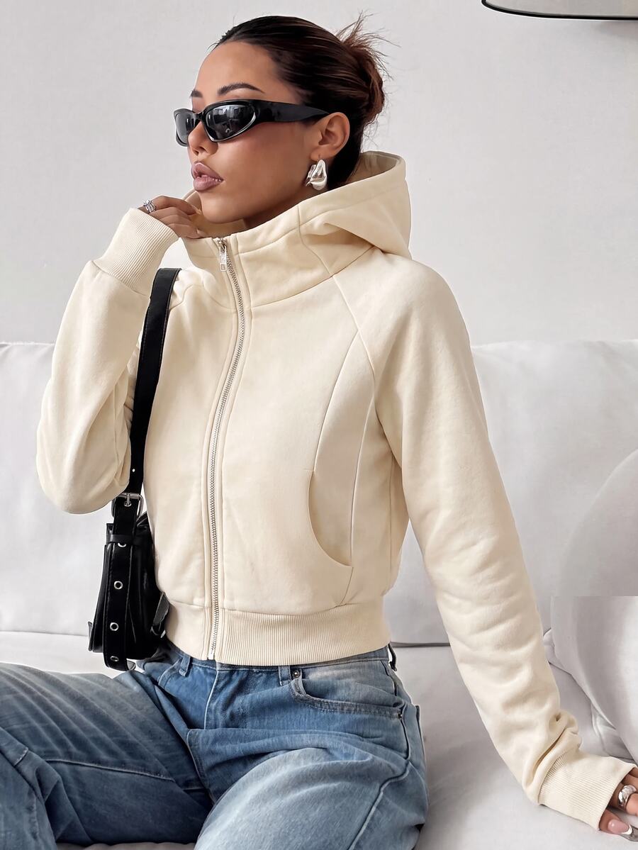 SHEIN EZwear 女款純色連帽拉鍊休閒百搭日常穿著運動衫 - 杏色 - 查看 1
