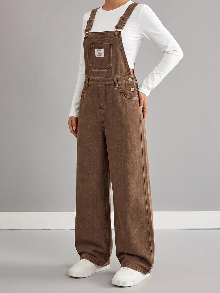 SHEIN Desain Label Fesyen Kasual Y2K untuk Remaja Perempuan, Celana Jeans dengan Sabuk Longgar Cokelat dan Hitam untuk Sekolah - Coklat - View 3