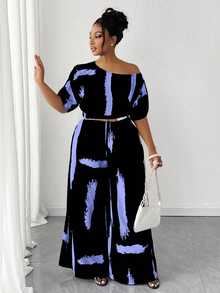 Maweii Plus Size Fashionable Asymmetric Collar Printed 2 Pieces Set - Multicolor - View 5