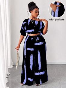 Maweii Plus Size Fashionable Asymmetric Collar Printed 2 Pieces Set - Multicolor - View 1
