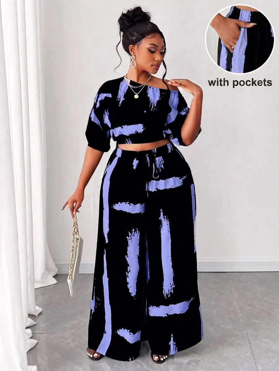 Maweii Plus Size Fashionable Asymmetric Collar Printed 2 Pieces Set - Multicolor - View 1