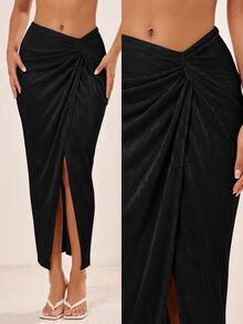 SHEIN SXY Falda larga sexy para mujer de color liso con abertura en el bajo, plisada y cintura asimétrica - Negro - Ver 1