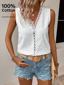 Easowa Guipure Lace Panel Sleeveless Blouse Vacation White Summer Tropical European - White - View 3