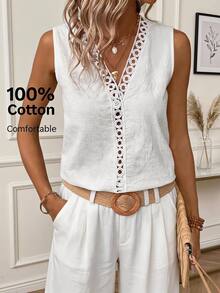 Easowa Guipure Lace Panel Sleeveless Blouse Vacation White Summer Tropical European - White - View 1