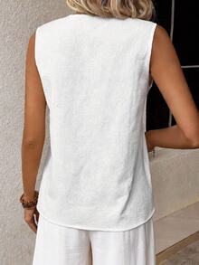 Easowa Guipure Lace Panel Sleeveless Blouse Vacation White Summer Tropical European - White - View 2