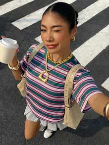 Muchica Plus Size Casual Streetwear Minimalist Round Neck Short Sleeve T-Shirt, Suitable For Summer Holiday Hot Pink - Multicolor - View 5
