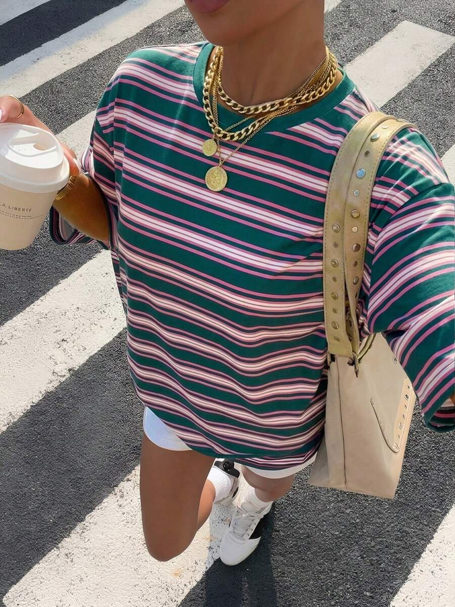 Muchica Plus Size Casual Streetwear Minimalist Round Neck Short Sleeve T-Shirt, Suitable For Summer Holiday Hot Pink