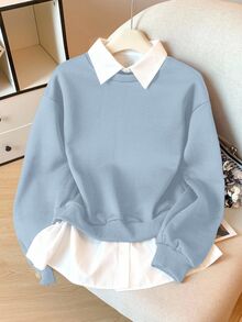 Modelyn Striped Patchwork 2 In 1 Long Sleeve Elegant & Fashionable Women Sweatshirt - Baby Blue - View 7