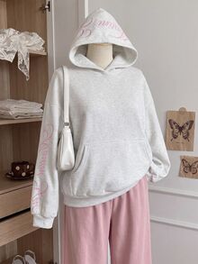Comfortcana Plus Size Embroidered Fashion Pocket Long Sleeve Sweatshirt Fall - Light Grey - View 3