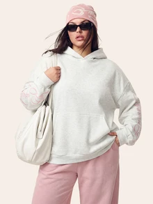 Comfortcana Plus Size Embroidered Fashion Pocket Long Sleeve Sweatshirt Fall - Light Grey - View 13