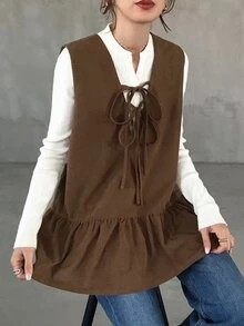 FRIFUL Gaun Liburan Wanita Serbaguna dengan Tali Pengikat dan Detail Kerut untuk Musim Gugur - Coklat - View 5