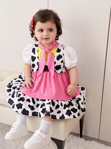 SHEIN Babygirl Cute Summer Cow Print Vest Jacket Colorblock Heart Pattern Dress Hat Set - Hot Pink - View 3
