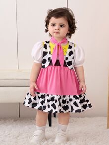 SHEIN Babygirl Cute Summer Cow Print Vest Jacket Colorblock Heart Pattern Dress Hat Set - Hot Pink - View 5
