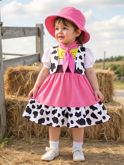 SHEIN Babygirl Cute Summer Cow Print Vest Jacket Colorblock Heart Pattern Dress Hat Set