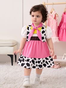 SHEIN Babygirl Cute Summer Cow Print Vest Jacket Colorblock Heart Pattern Dress Hat Set - Hot Pink - View 4