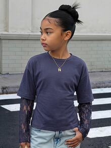 SHEIN Tween Girl Tween Girls T-Shirts Navy Blue Knitted Waist Design Contrast Lace 2 In 1 Long Sleeve T-Shirt - Navy Blue - View 1