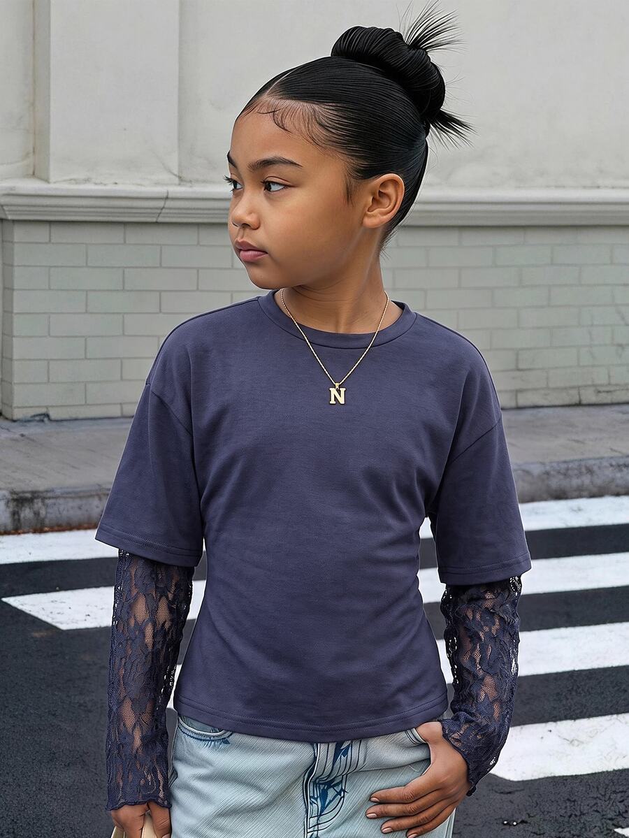 SHEIN Tween Girl Tween Girls T-Shirts Navy Blue Knitted Waist Design Contrast Lace 2 In 1 Long Sleeve T-Shirt - Navy Blue - View 1