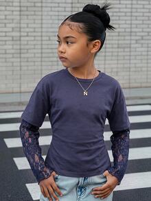 SHEIN Tween Girl Tween Girls T-Shirts Navy Blue Knitted Waist Design Contrast Lace 2 In 1 Long Sleeve T-Shirt - Navy Blue - View 6