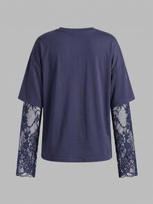 SHEIN Tween Girl Tween Girls T-Shirts Navy Blue Knitted Waist Design Contrast Lace 2 In 1 Long Sleeve T-Shirt - Navy Blue - View 2