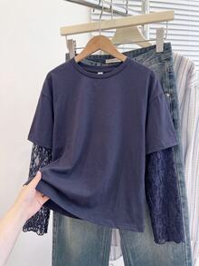 SHEIN Tween Girl Tween Girls T-Shirts Navy Blue Knitted Waist Design Contrast Lace 2 In 1 Long Sleeve T-Shirt - Navy Blue - View 5