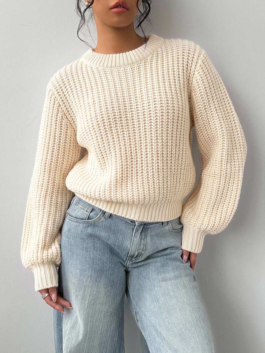 SHEIN 兒童青少年女孩純色圓領長袖休閒秋季毛衣 - 杏色 - 查看 1