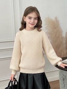SHEIN 兒童青少年女孩純色圓領長袖休閒秋季毛衣 - 杏色 - 查看 6