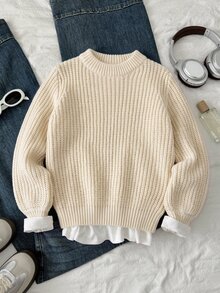 SHEIN 兒童青少年女孩純色圓領長袖休閒秋季毛衣 - 杏色 - 查看 8